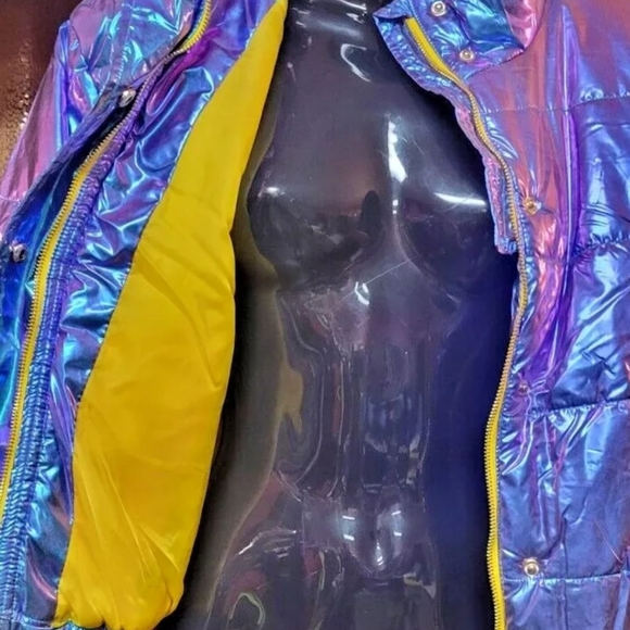 Metallic Blue Green Mermaid Color Change Cropped Puffer Yellow Drawstring Jacket - Picture 3 of 5